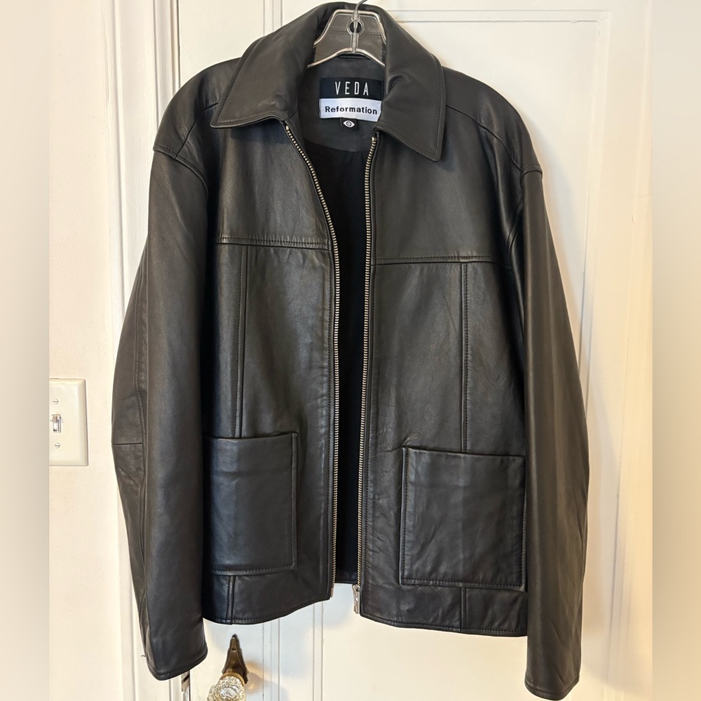 Reformation Black Leather Zip-Front Jacket